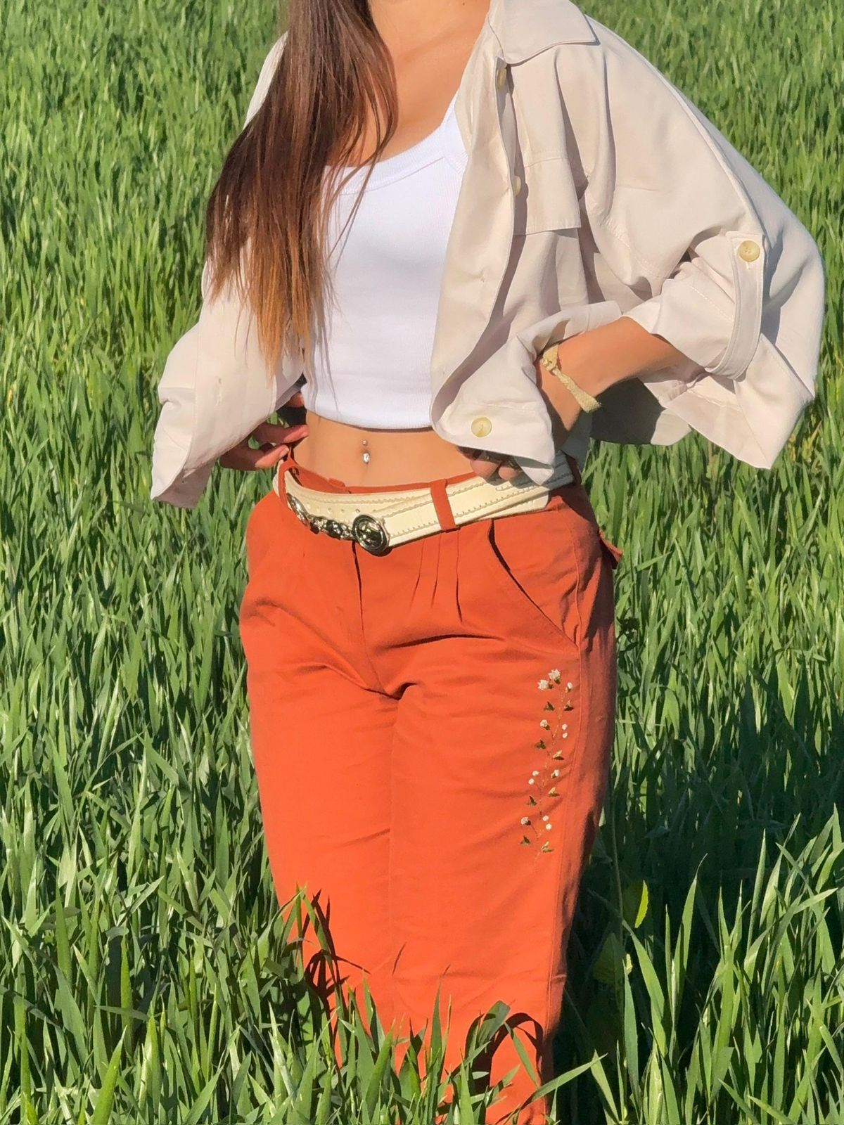 Bombacha gabardina elastizada bordada ladrillo