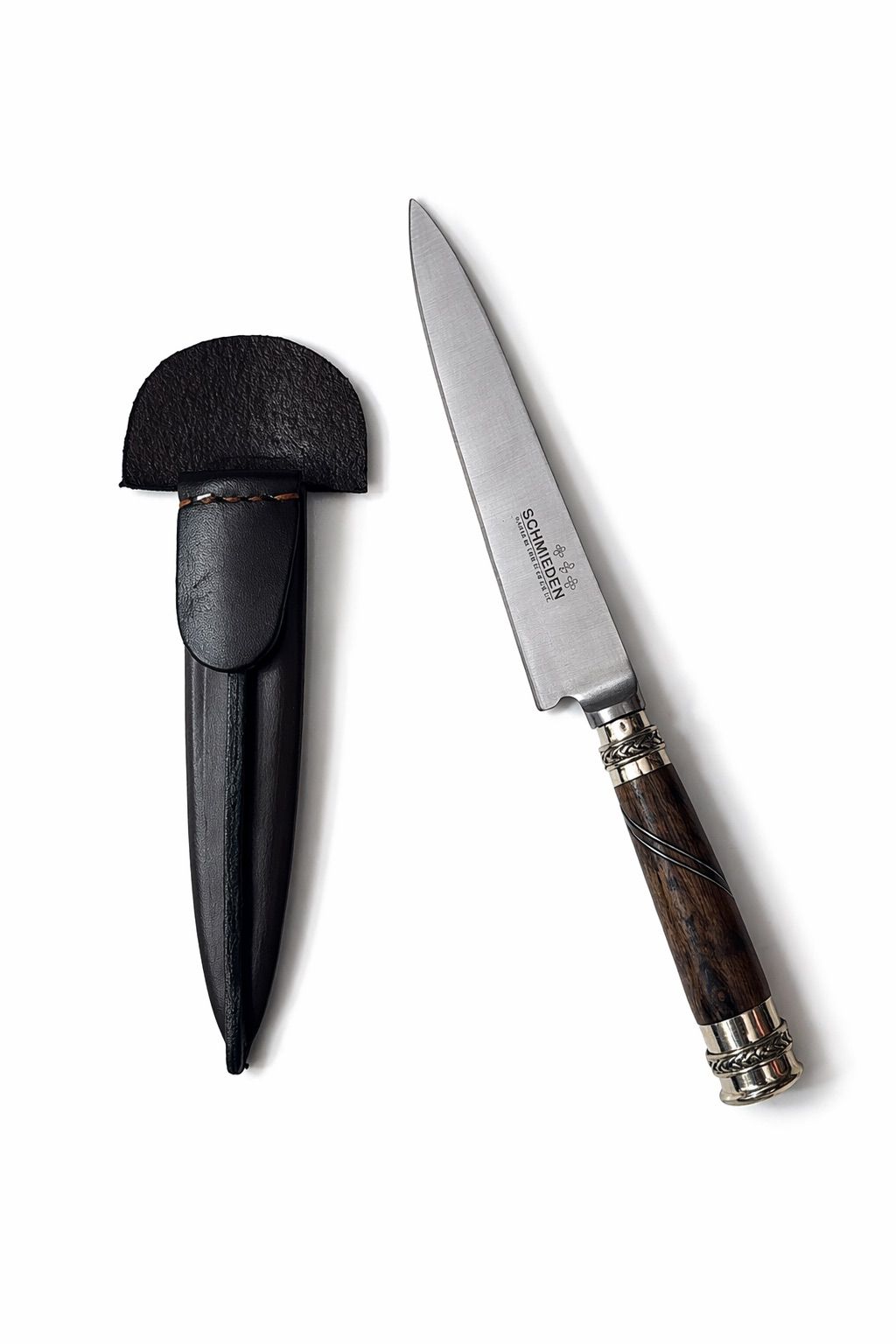 Cuchillo Criollo Premium en Acero Inoxidable con Mango de Madera y Detalles en Alpaca – Con Vaina de Cuero